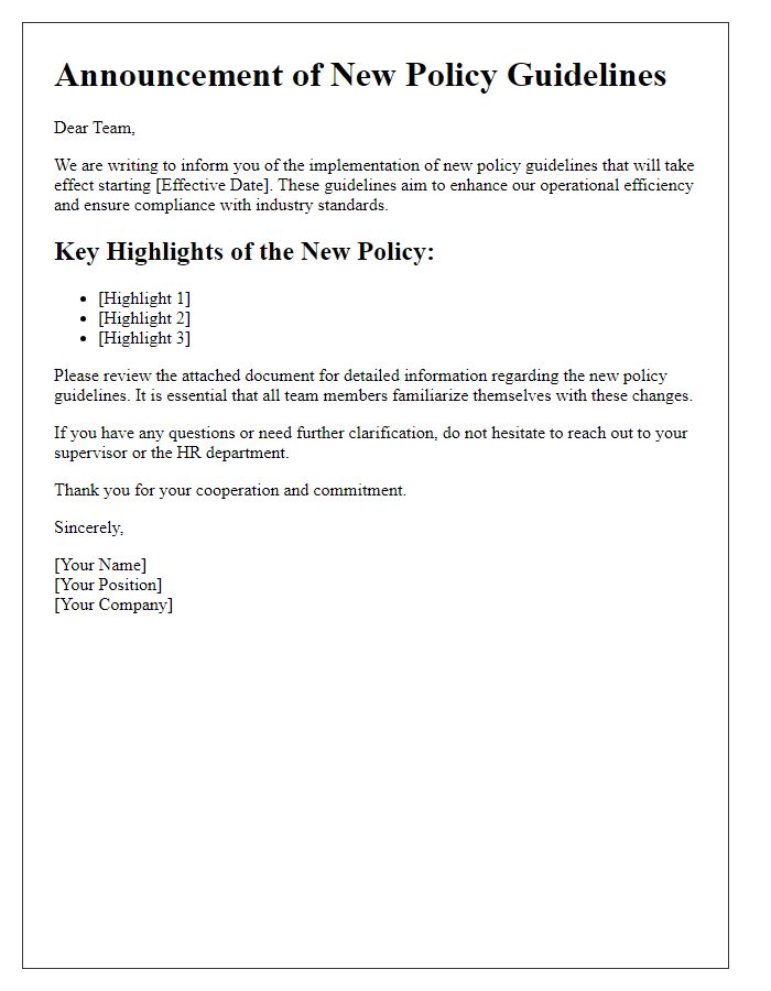 Letter template of Announcement for New Policy Guidelines