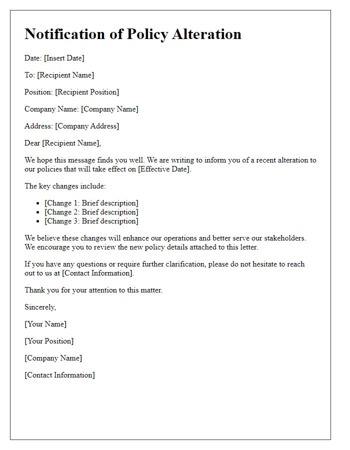 Letter template of Communication on Policy Alteration