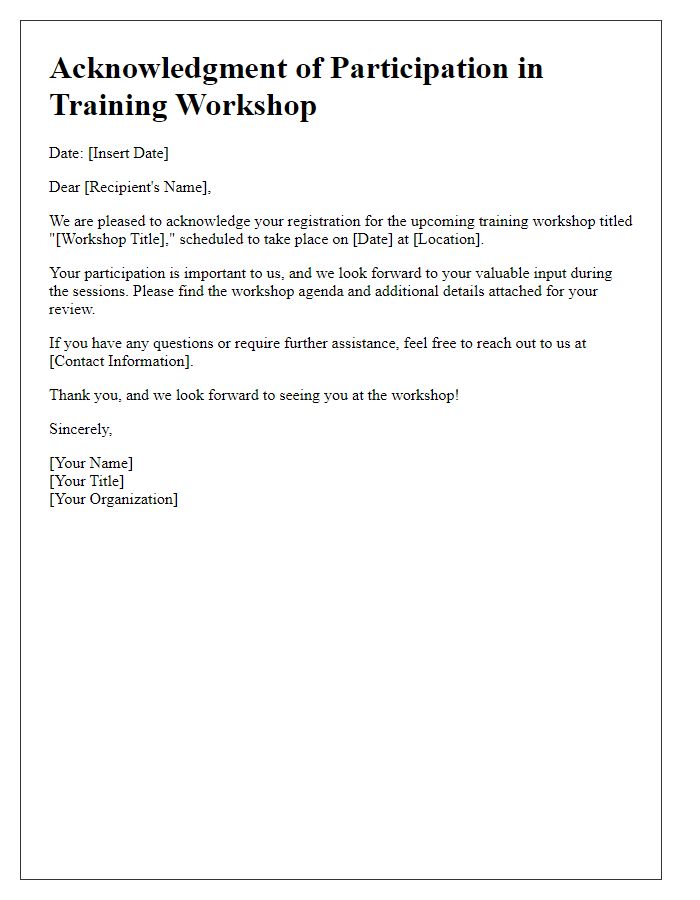 Letter template of acknowledgment for upcoming training workshop