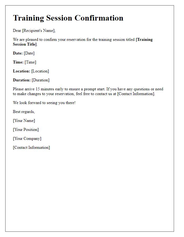 Letter template of confirmation for a training session reservation