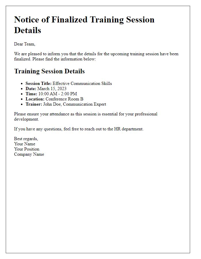 Letter template of notice for finalized training session details