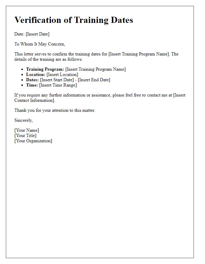 Letter template of verification for confirmed training dates