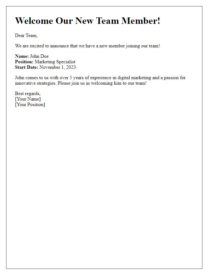 Letter template of informing about a fresh team member