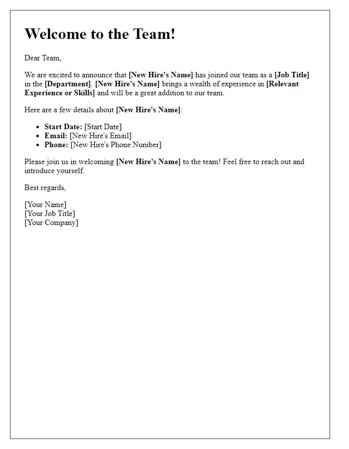 Letter template of the new hire introduction