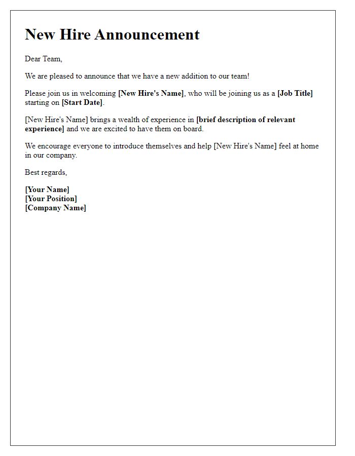 Letter template of notifying about a new hire