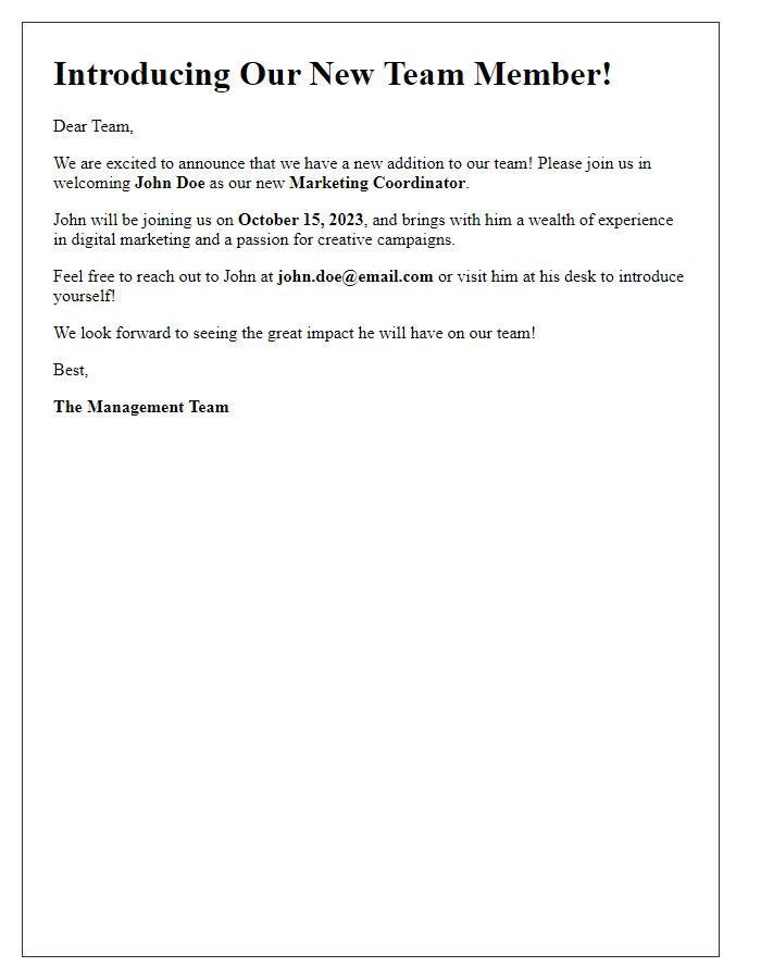 Letter template of sharing our newest employee