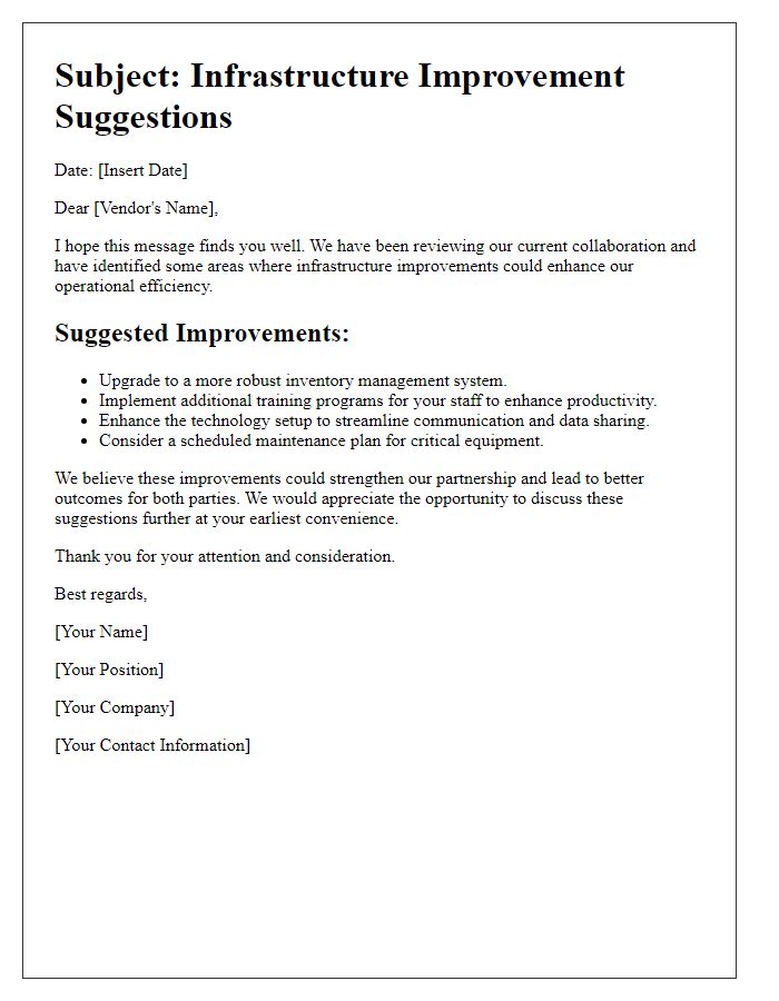 Letter template of vendor infrastructure improvement suggestion