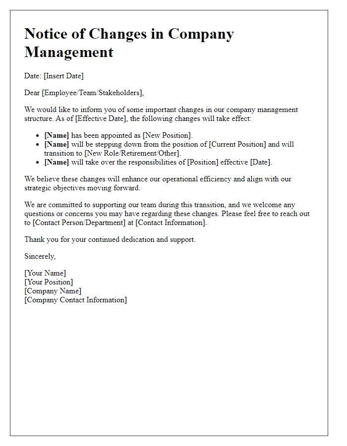 Letter template of changes in company management