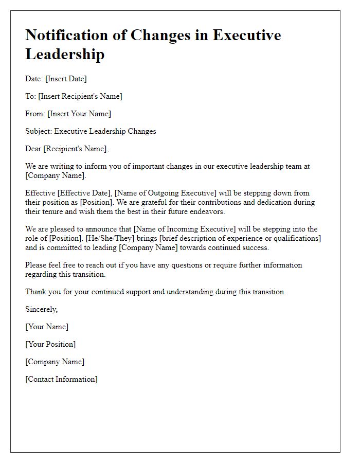 Letter template of changes in executive leadership