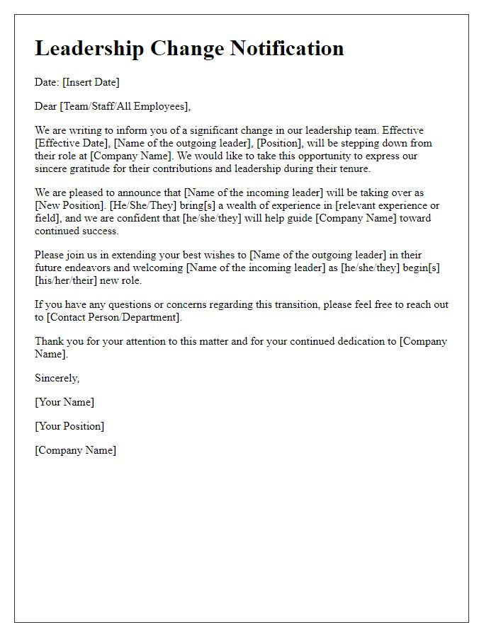 Letter template of leadership change notification