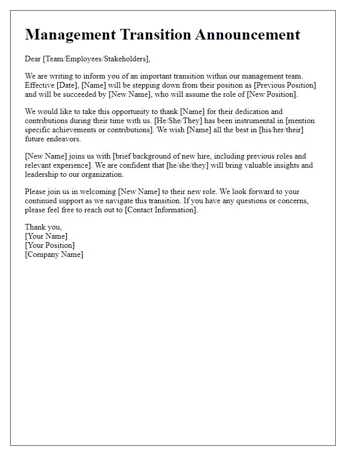 Letter template of management transition announcement