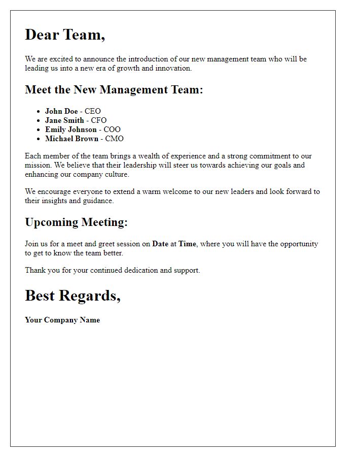 Letter template of new management team introduction