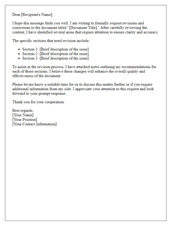 Letter template of assertive request for document revision corrections