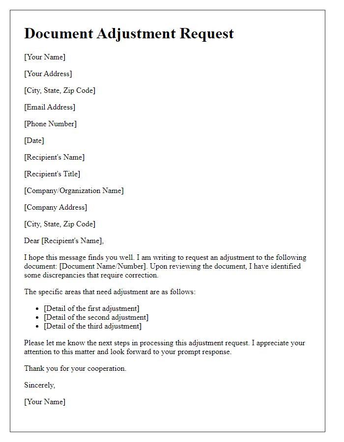 Letter template of communication for document adjustment request