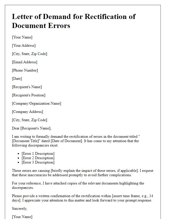 Letter template of demand for rectification of document errors