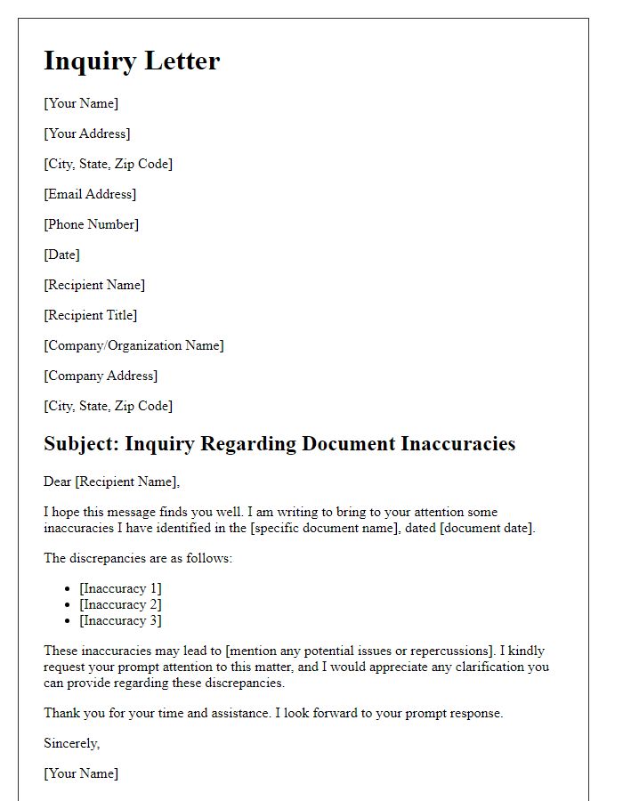 Letter template of inquiry regarding document inaccuracies