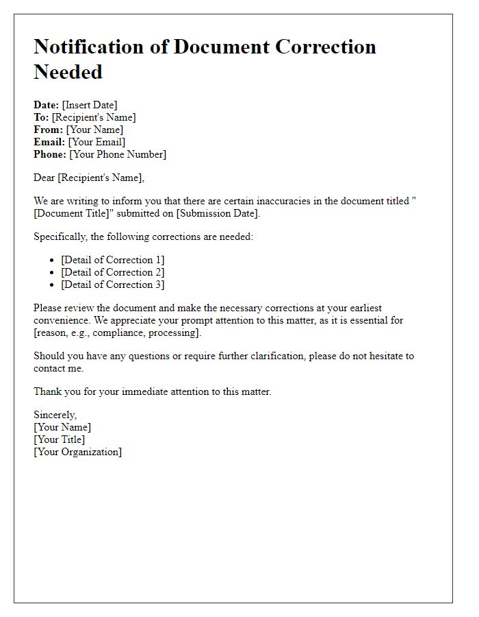 Letter template of notification for document correction needed