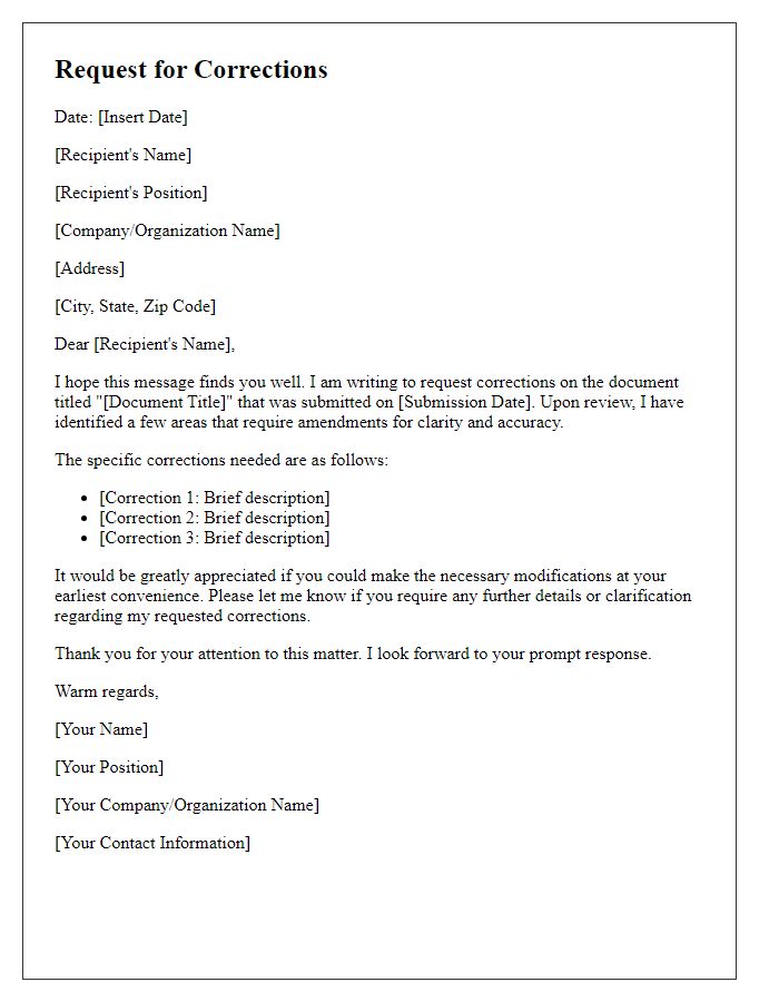 Letter template of prompt for corrections on provided document