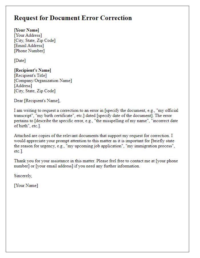 Letter template of request for document error correction