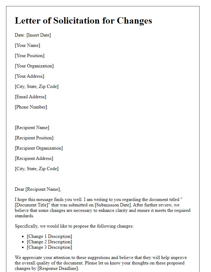 Letter template of solicitation for changes to submitted document