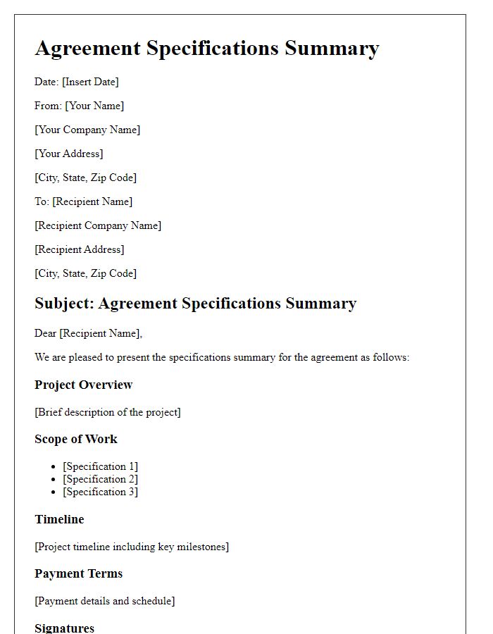 Letter template of Agreement Specifications Summary