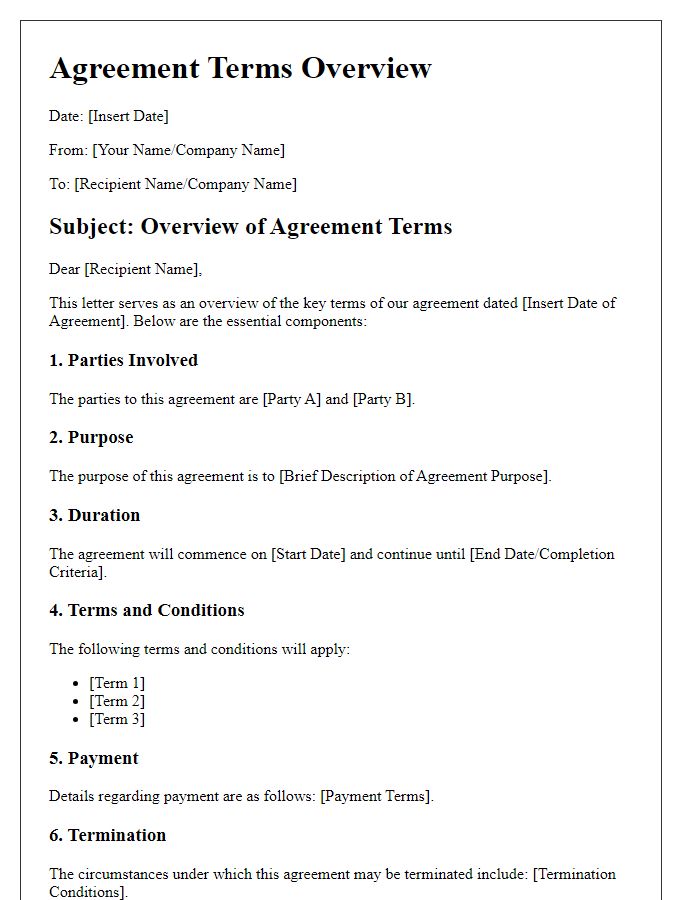 Letter template of Agreement Terms Overview