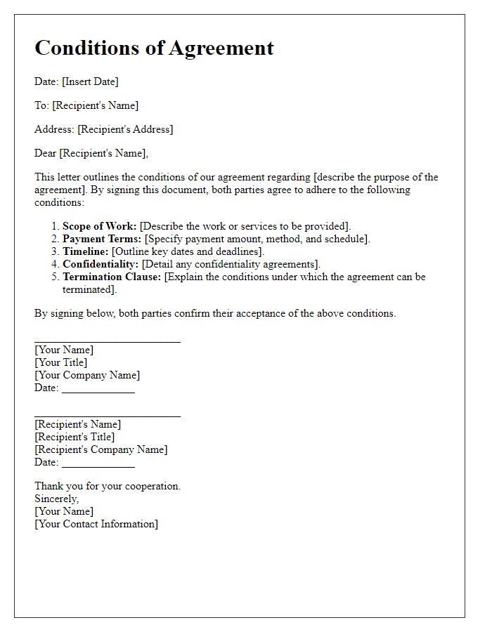 Letter template of Conditions of Agreement