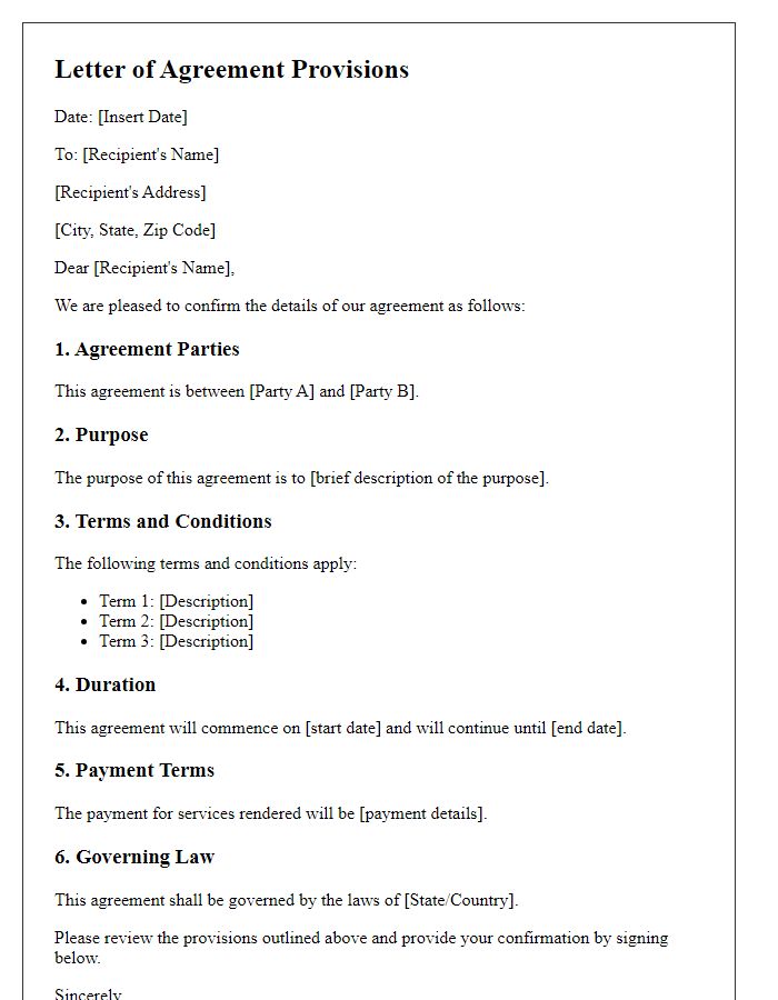 Letter template of Details of Agreement Provisions