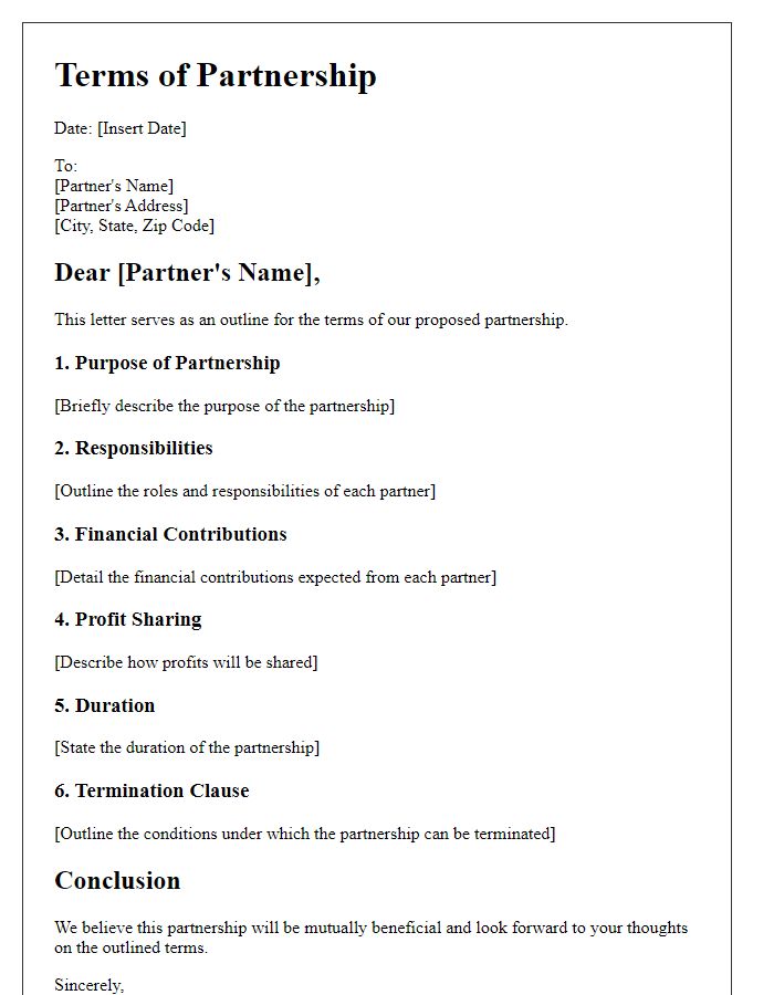 Letter template of Outline for Terms of Partnership