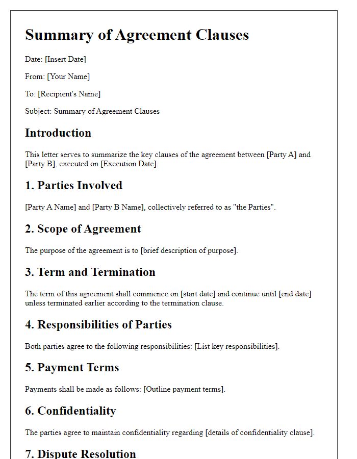 Letter template of Summary of Agreement Clauses