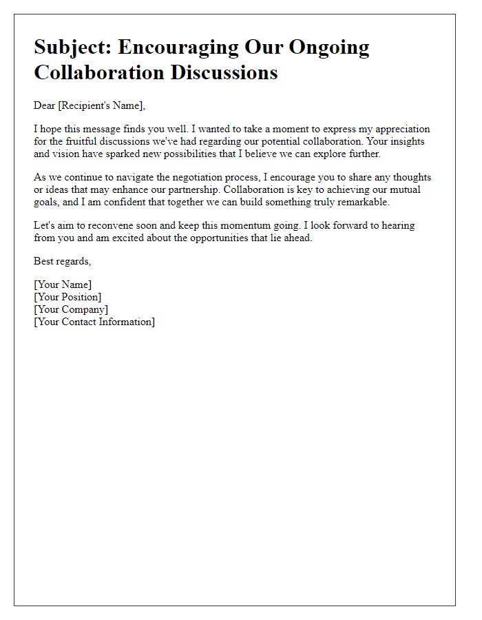 Letter template of encouragement for further negotiating collaborations