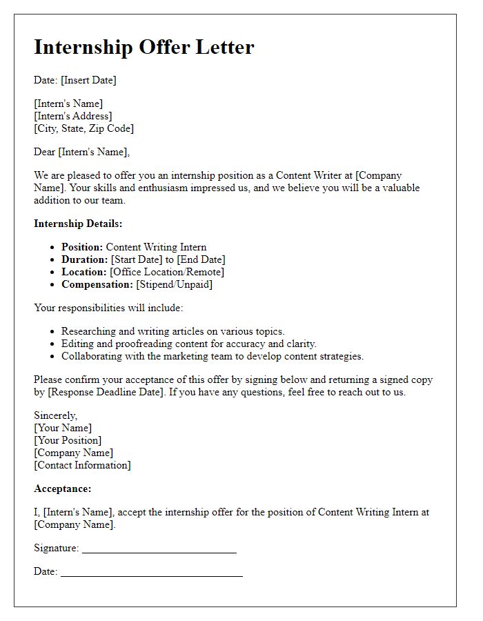 Letter template of internship offer for content writing position