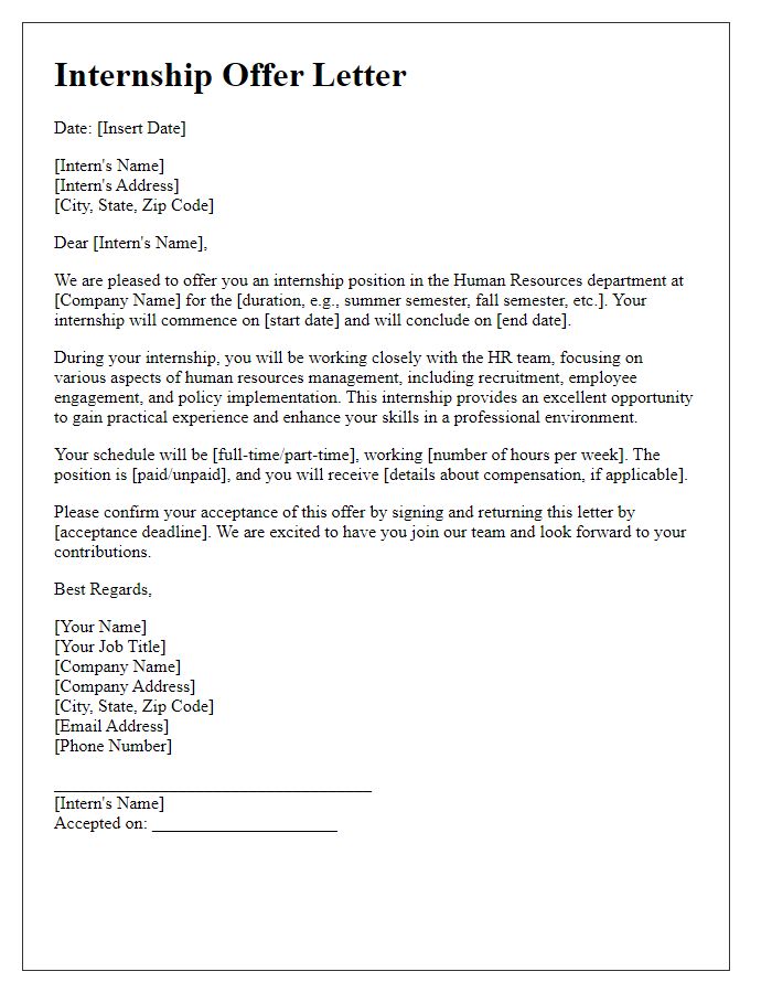 Letter template of internship offer for human resources internship