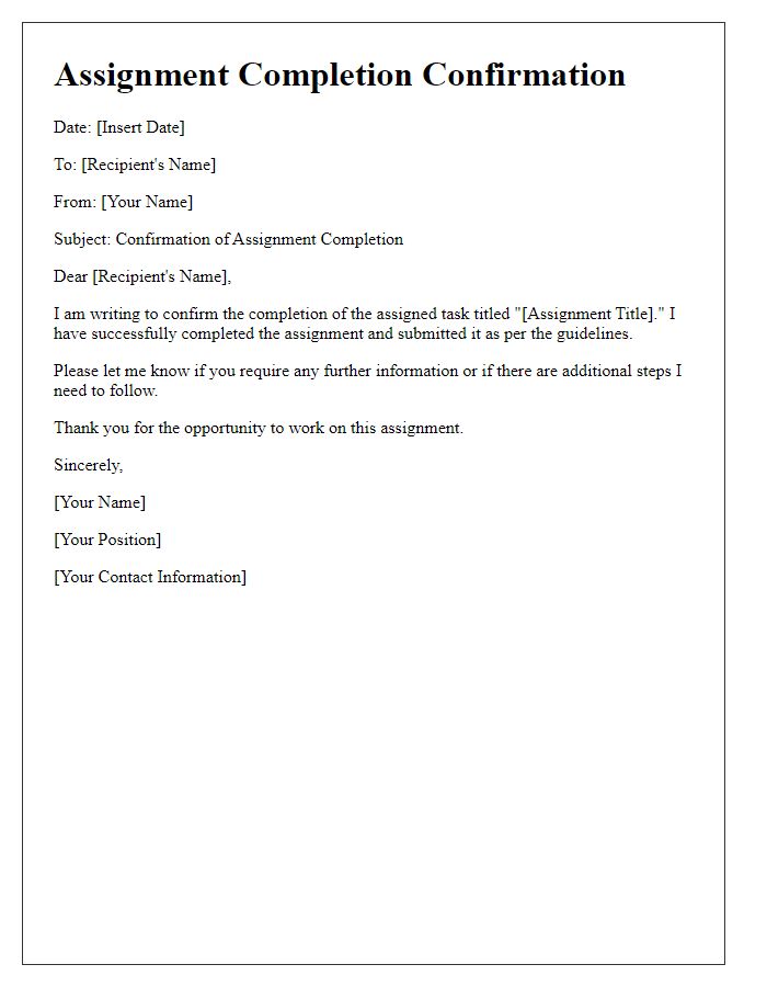 Letter template of assignment completion confirmation.