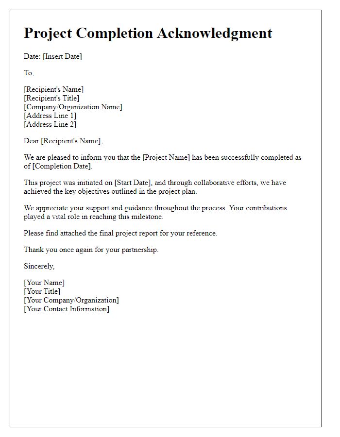 Letter template of project completion acknowledgment.