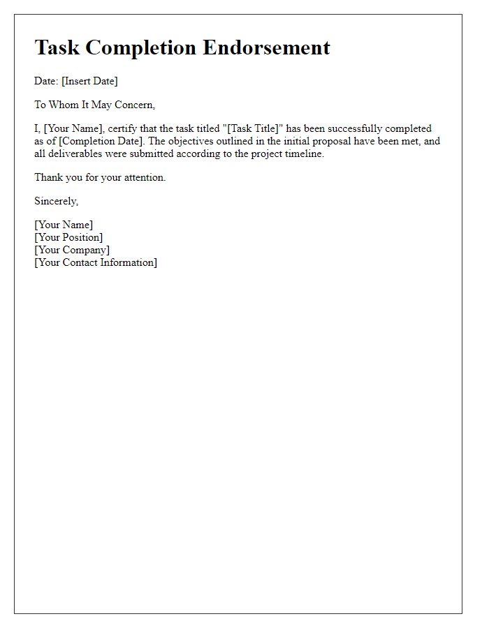 Letter template of task completion endorsement.