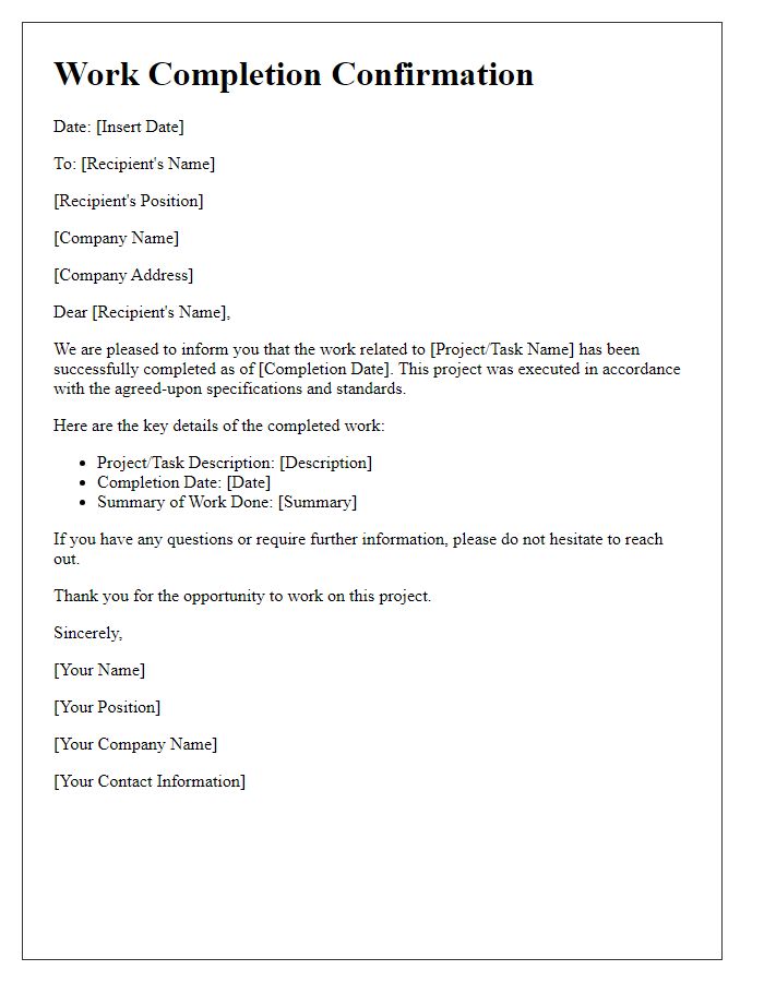 Letter template of work completion confirmation.