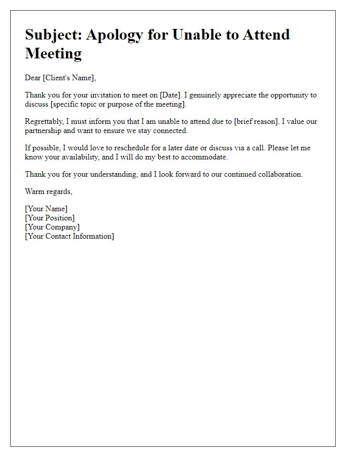 Letter template of apologetic refusal for a client meeting invite