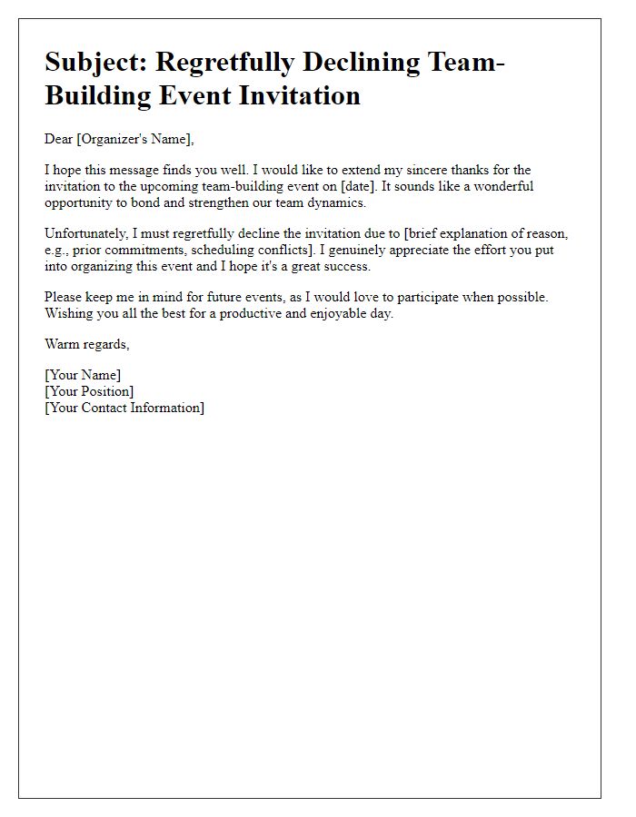 Letter template of sincere decline for a team-building event