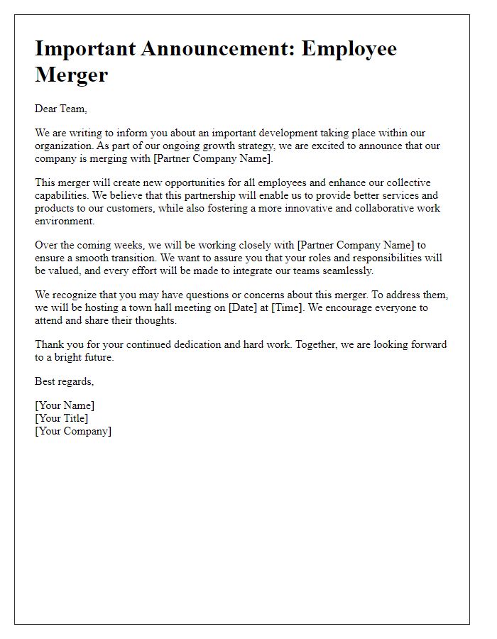 Letter template of employee merger communication