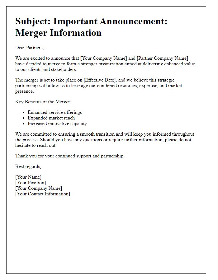 Letter template of merger information for partners