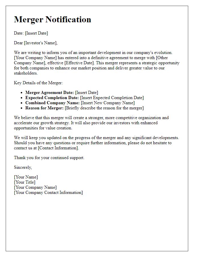 Letter template of merger notification for investors