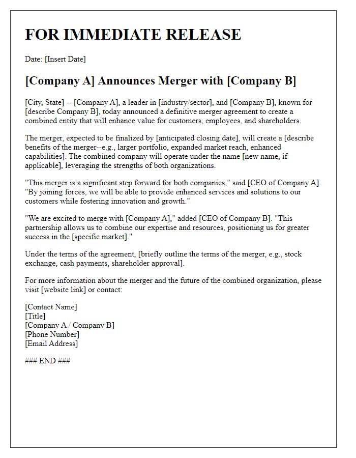 Letter template of merger press release