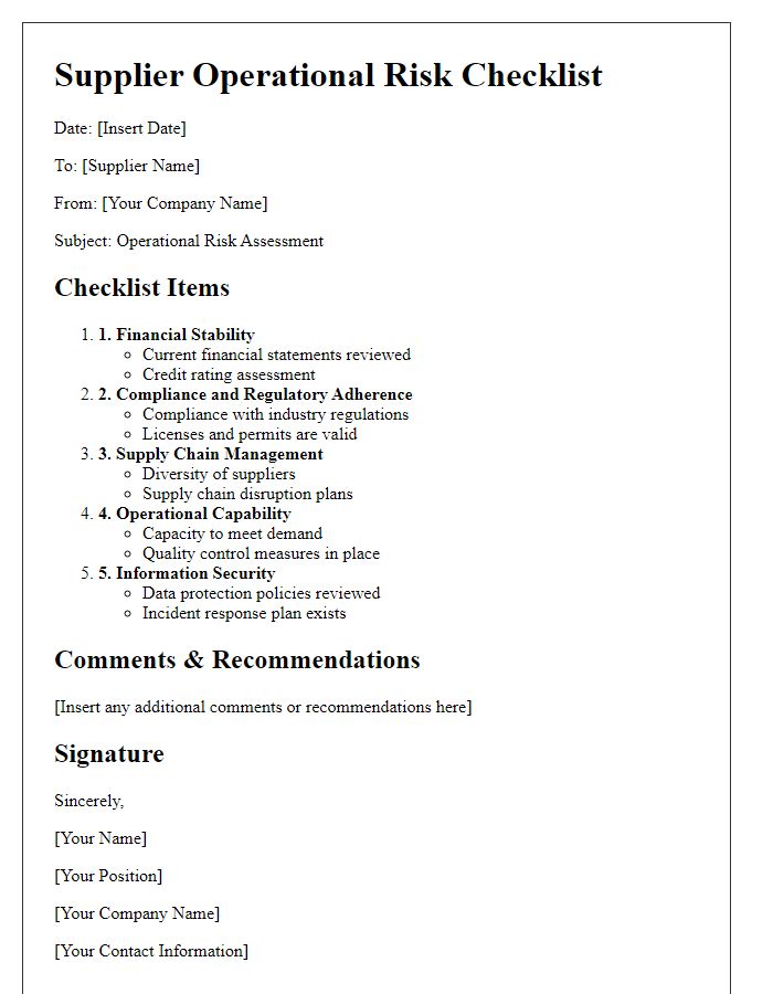 Letter template of Supplier Operational Risk Checklist