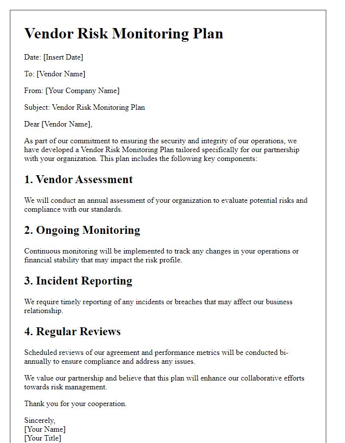 Letter template of Vendor Risk Monitoring Plan