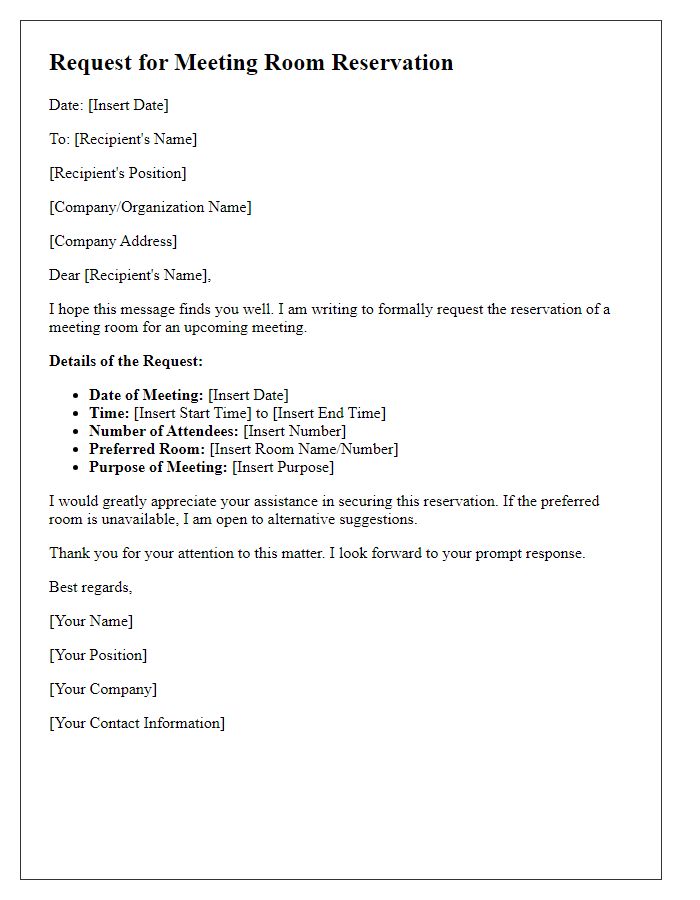 Letter template of request for meeting room reservation