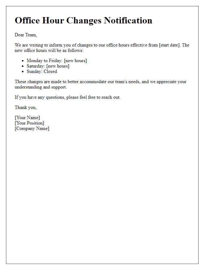 Letter template of bulletin for office hour changes