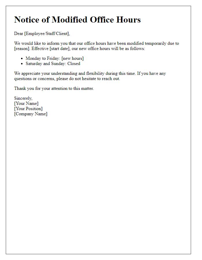 Letter template of communication for modified office hours