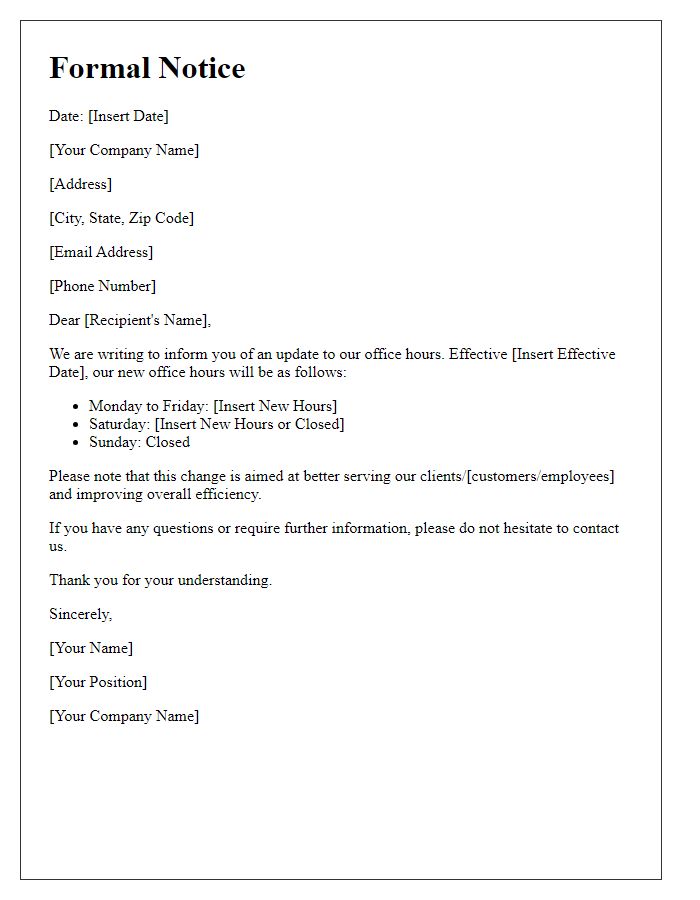 Letter template of formal notice for updated office hours