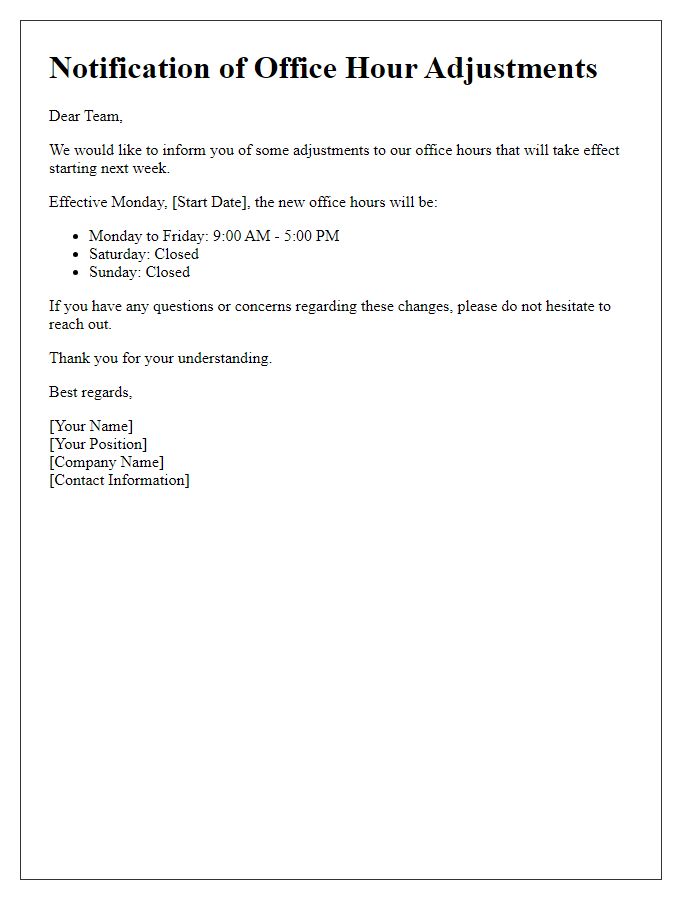 Letter template of information regarding office hour adjustments